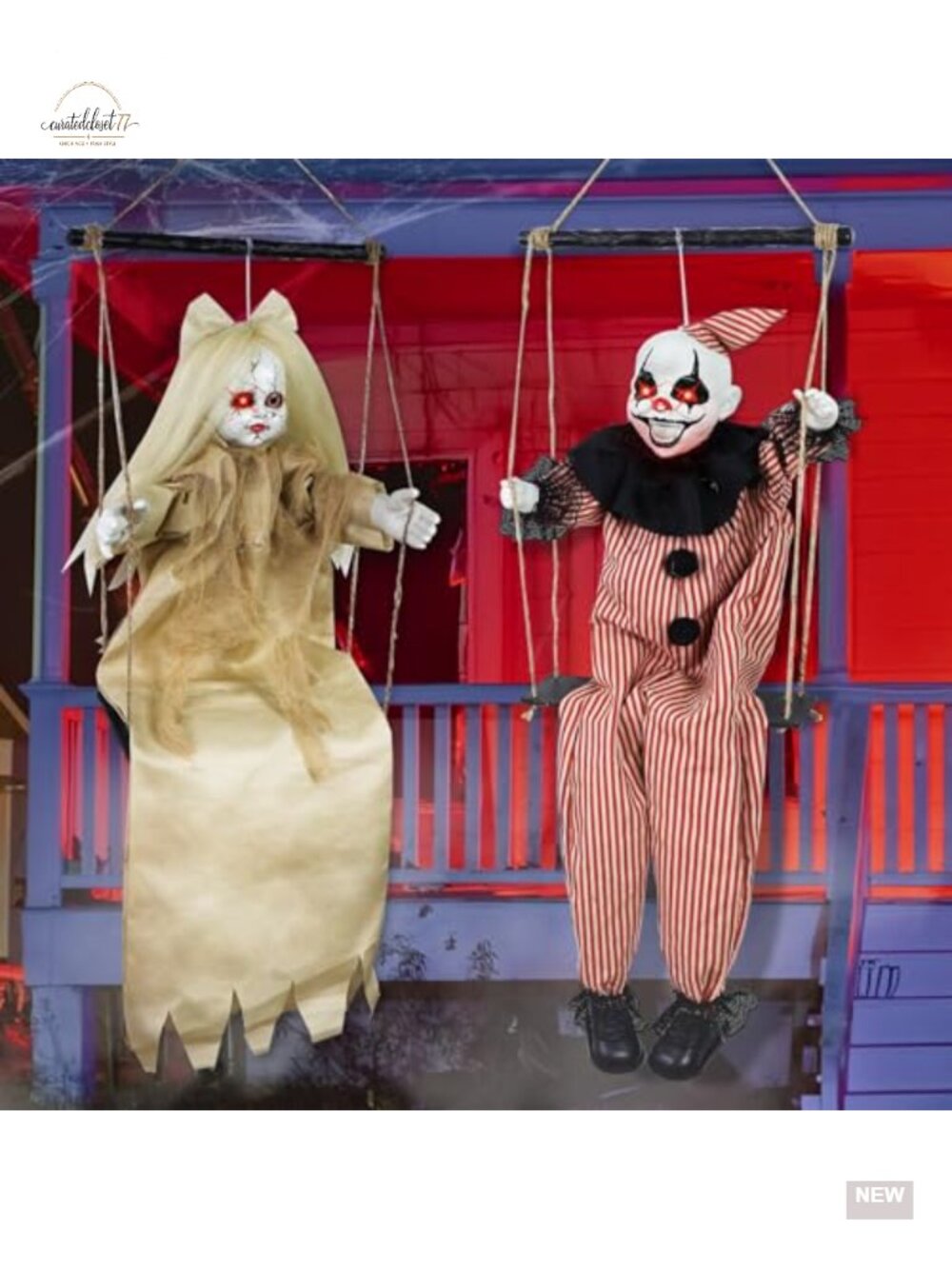 2 Pack Hanging Halloween Decorations Swinging Clown & Girl Ghost with Sound and